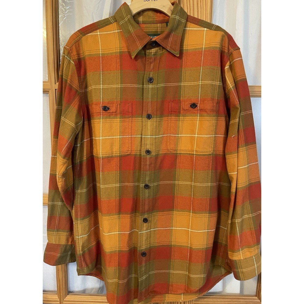 90s Orvis Plaid Flannel Button Shirt Sz M Yellow Orange 2-Pocket Classic Outdoor